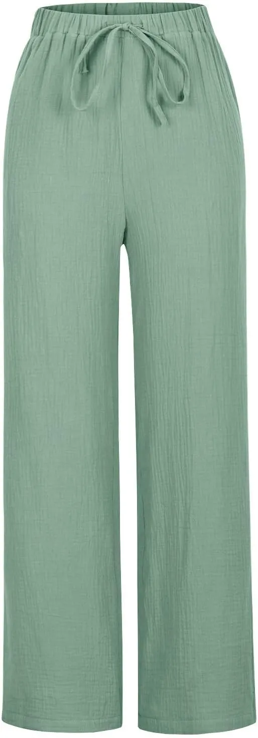 Womens Wide Leg Pants Summer Cotton Linen Beach Pants Breathable Drawstring Waist Pants Solid Color Casual Trousers