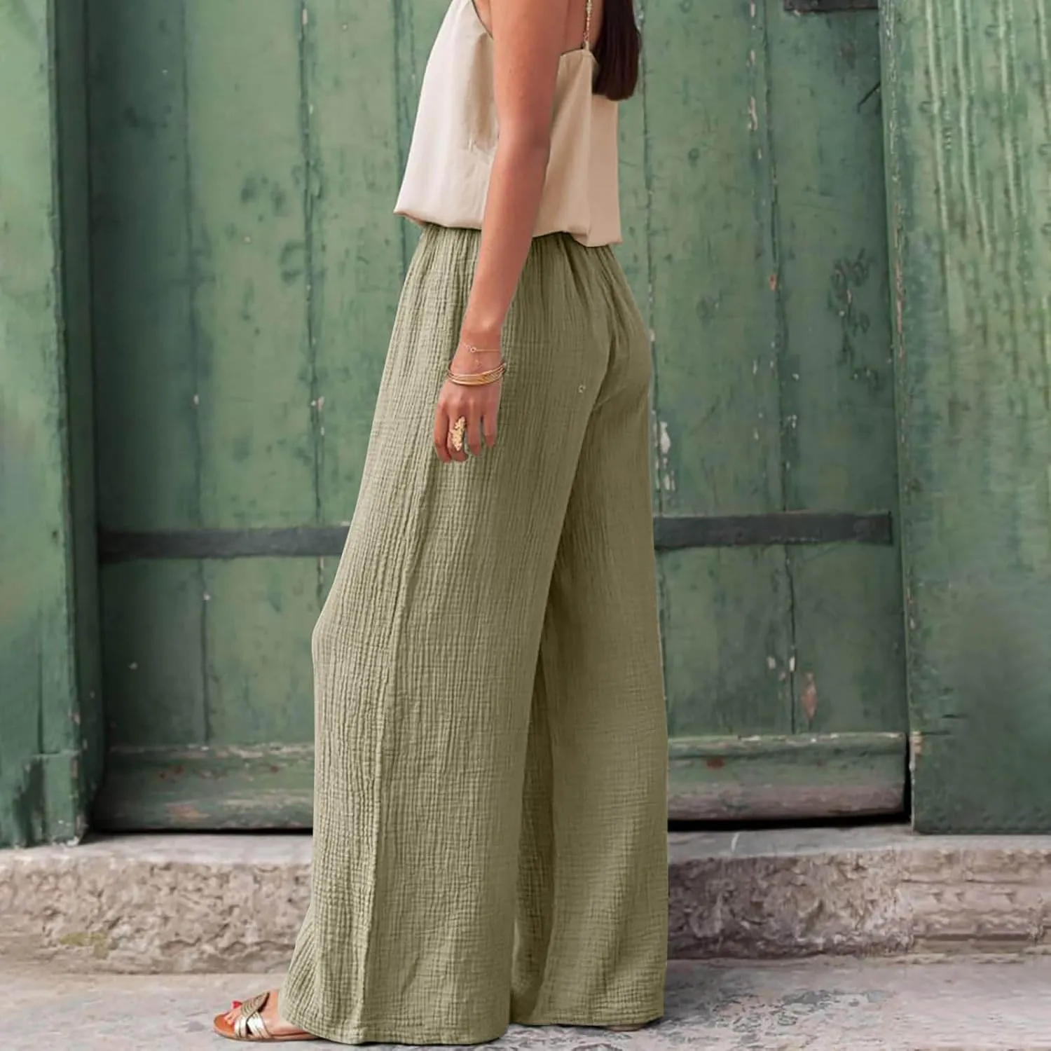 Womens Wide Leg Pants Summer Cotton Linen Beach Pants Breathable Drawstring Waist Pants Solid Color Casual Trousers