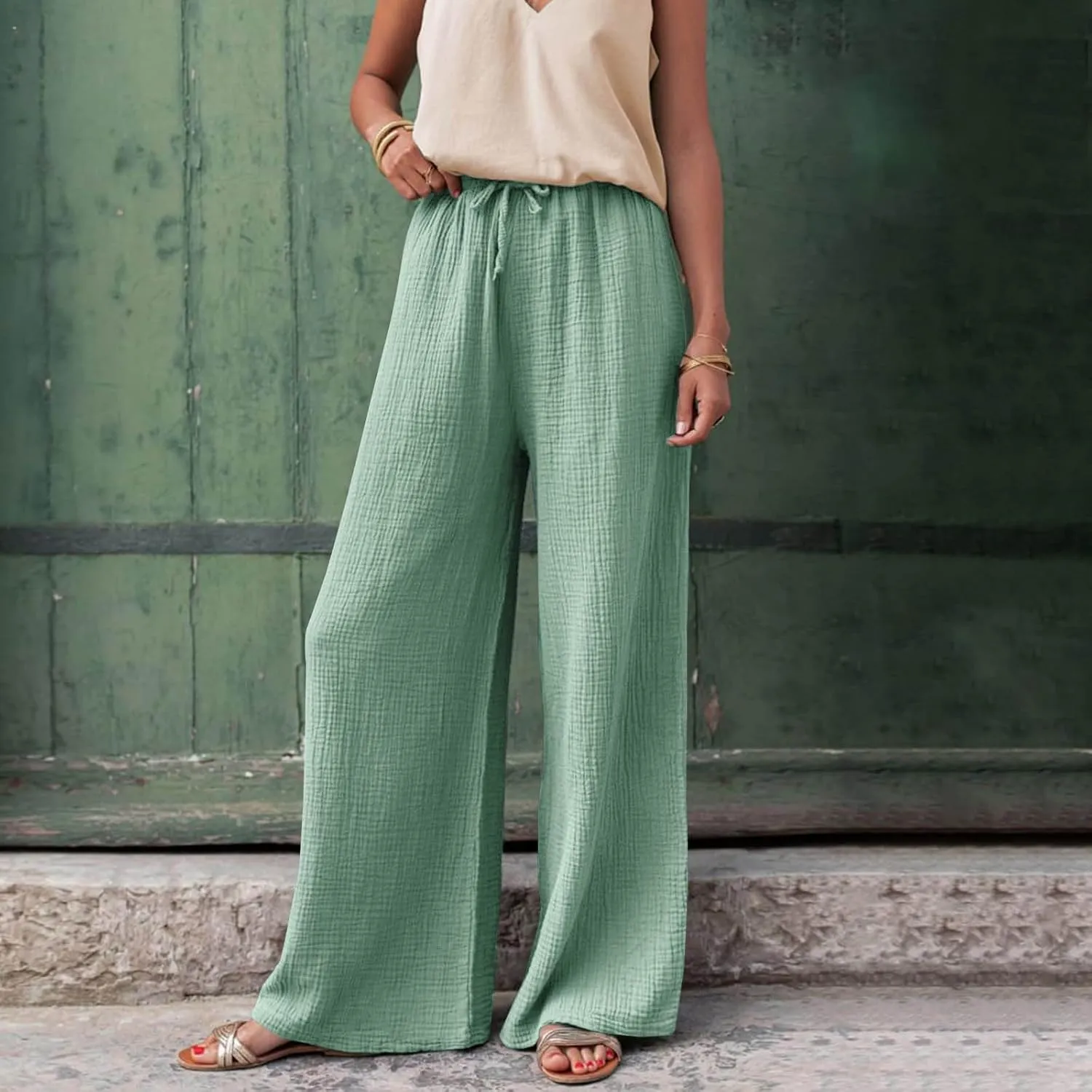 Womens Wide Leg Pants Summer Cotton Linen Beach Pants Breathable Drawstring Waist Pants Solid Color Casual Trousers