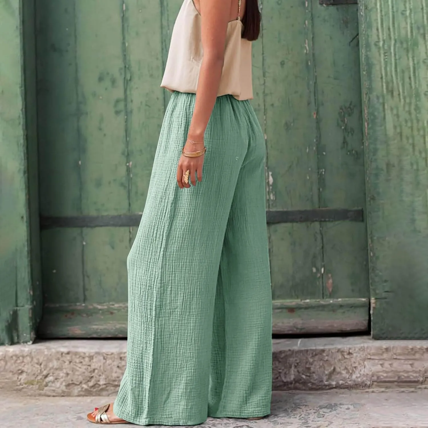 Womens Wide Leg Pants Summer Cotton Linen Beach Pants Breathable Drawstring Waist Pants Solid Color Casual Trousers