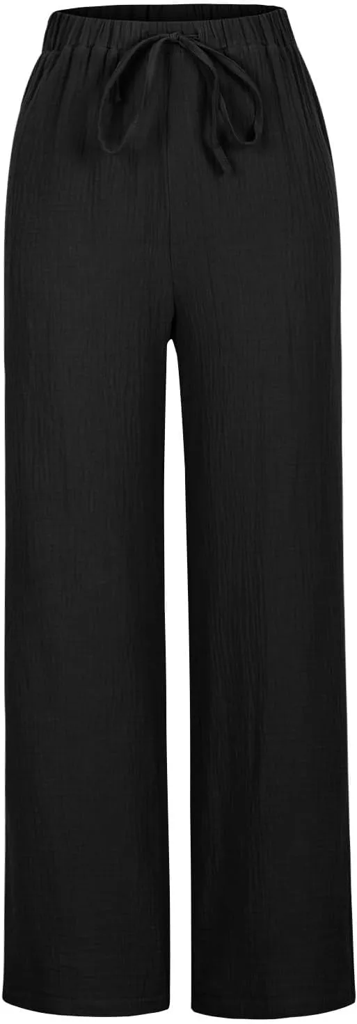 Womens Wide Leg Pants Summer Cotton Linen Beach Pants Breathable Drawstring Waist Pants Solid Color Casual Trousers