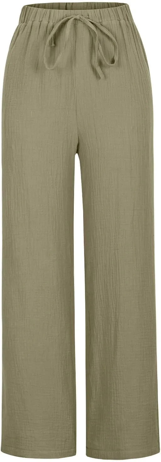 Womens Wide Leg Pants Summer Cotton Linen Beach Pants Breathable Drawstring Waist Pants Solid Color Casual Trousers