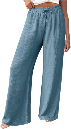 Womens Wide Leg Pants Summer Cotton Linen Beach Pants Breathable Drawstring Waist Pants Solid Color Casual Trousers