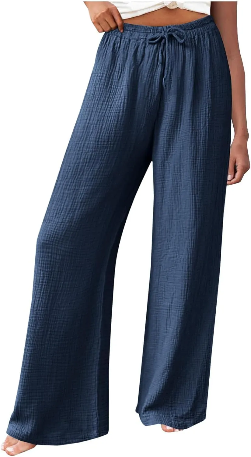 Womens Wide Leg Pants Summer Cotton Linen Beach Pants Breathable Drawstring Waist Pants Solid Color Casual Trousers