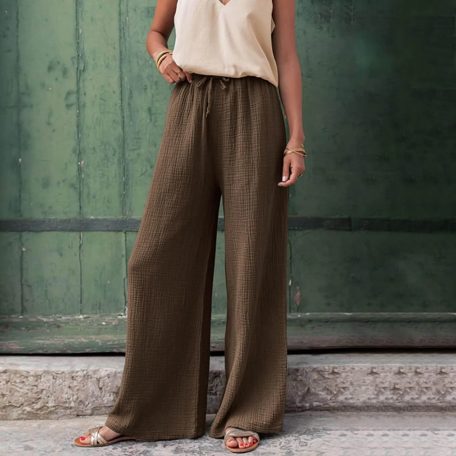 Womens Wide Leg Pants Summer Cotton Linen Beach Pants Breathable Drawstring Waist Pants Solid Color Casual Trousers