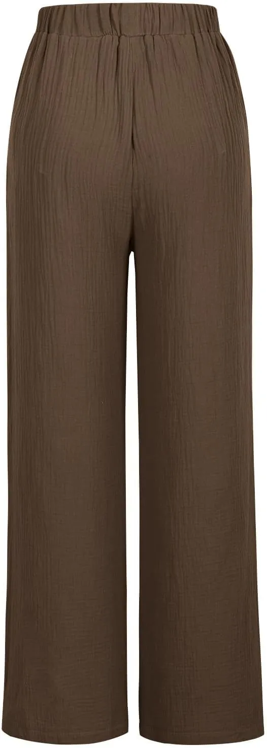 Womens Wide Leg Pants Summer Cotton Linen Beach Pants Breathable Drawstring Waist Pants Solid Color Casual Trousers