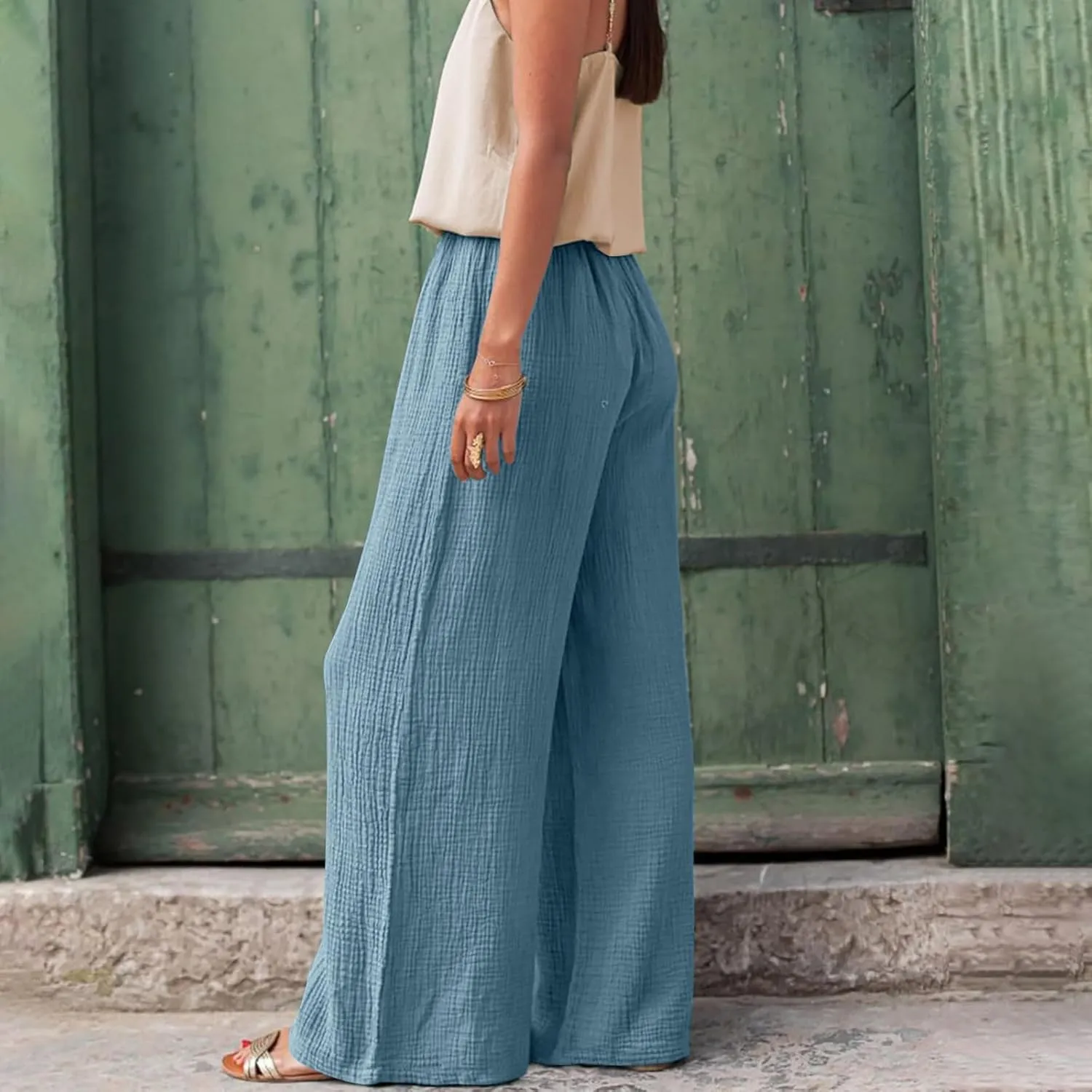 Womens Wide Leg Pants Summer Cotton Linen Beach Pants Breathable Drawstring Waist Pants Solid Color Casual Trousers