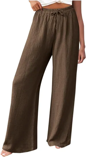 Womens Wide Leg Pants Summer Cotton Linen Beach Pants Breathable Drawstring Waist Pants Solid Color Casual Trousers