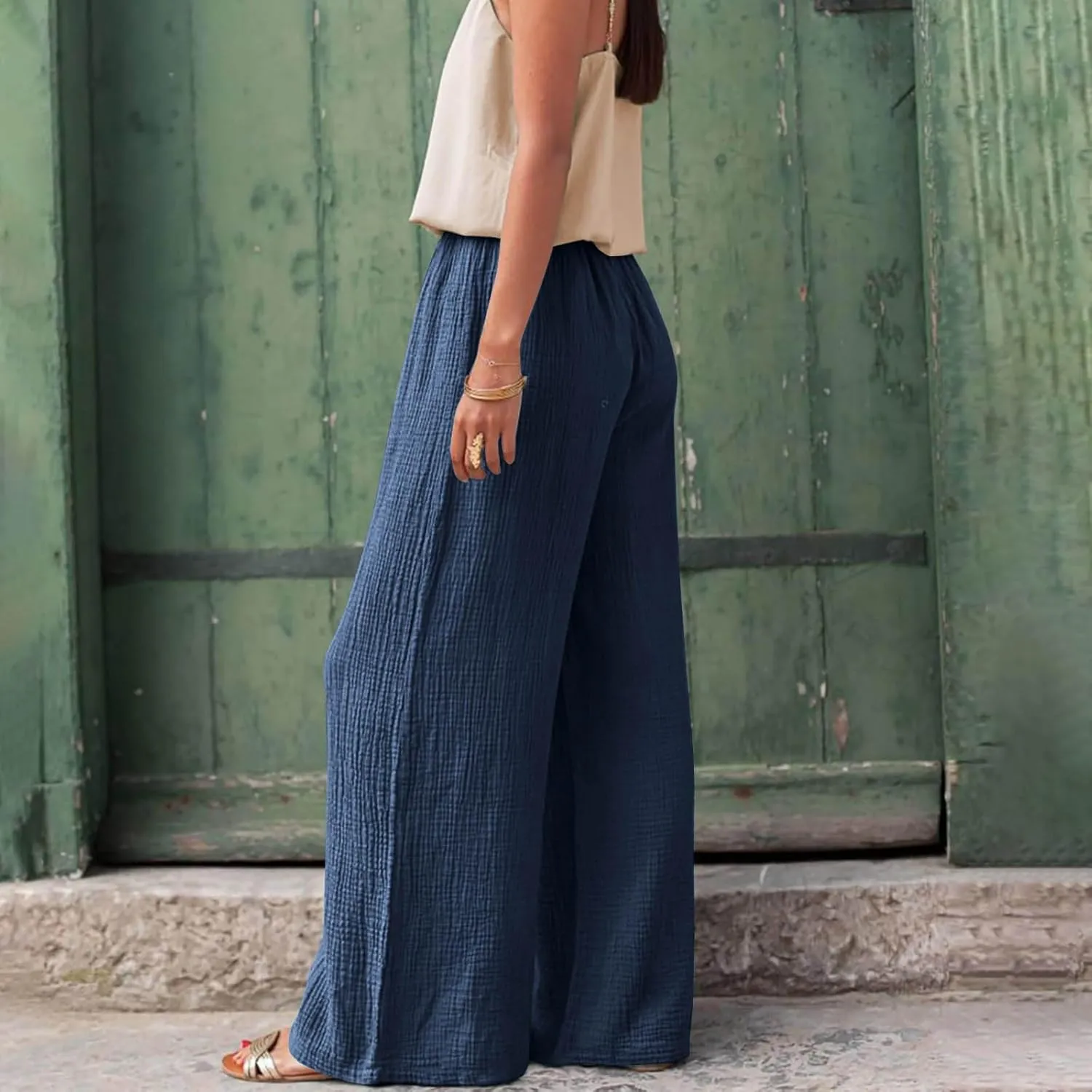 Womens Wide Leg Pants Summer Cotton Linen Beach Pants Breathable Drawstring Waist Pants Solid Color Casual Trousers