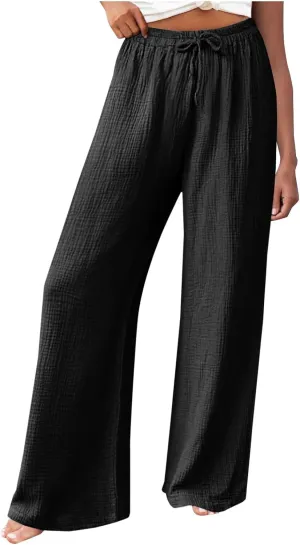 Womens Wide Leg Pants Summer Cotton Linen Beach Pants Breathable Drawstring Waist Pants Solid Color Casual Trousers