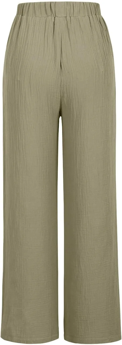 Womens Wide Leg Pants Summer Cotton Linen Beach Pants Breathable Drawstring Waist Pants Solid Color Casual Trousers