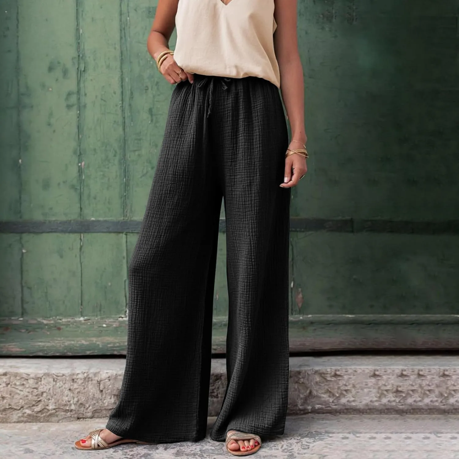 Womens Wide Leg Pants Summer Cotton Linen Beach Pants Breathable Drawstring Waist Pants Solid Color Casual Trousers