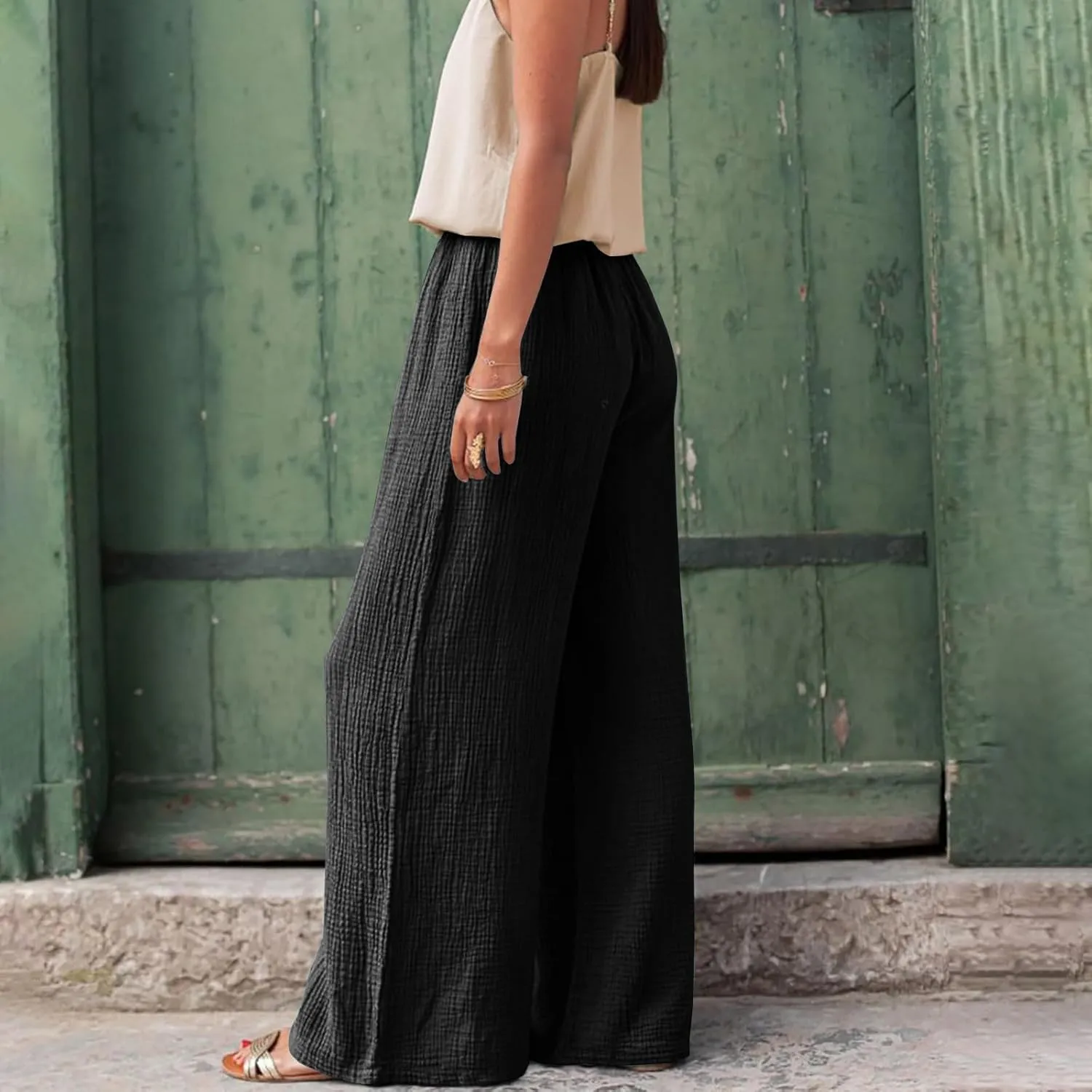 Womens Wide Leg Pants Summer Cotton Linen Beach Pants Breathable Drawstring Waist Pants Solid Color Casual Trousers