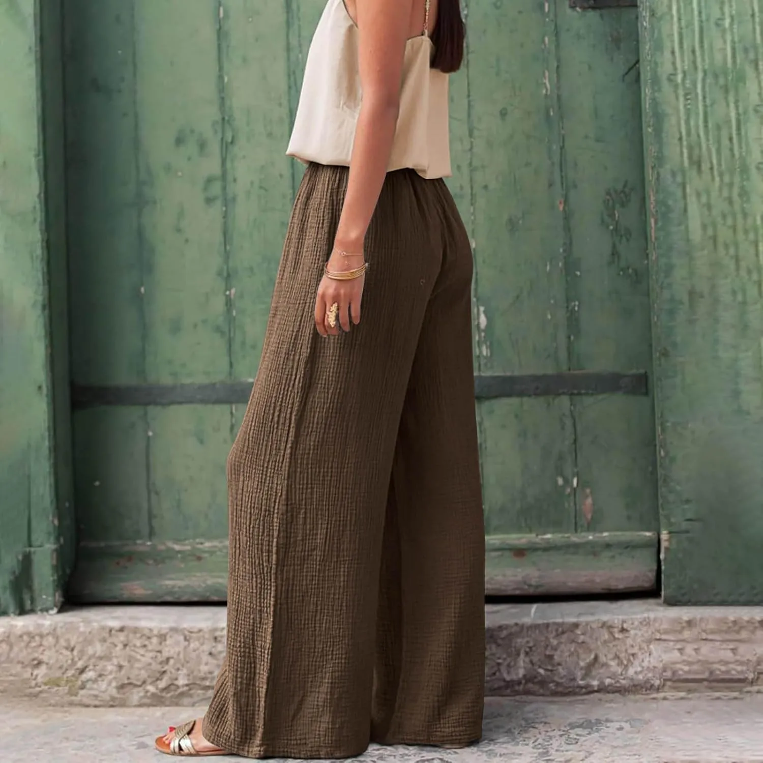 Womens Wide Leg Pants Summer Cotton Linen Beach Pants Breathable Drawstring Waist Pants Solid Color Casual Trousers