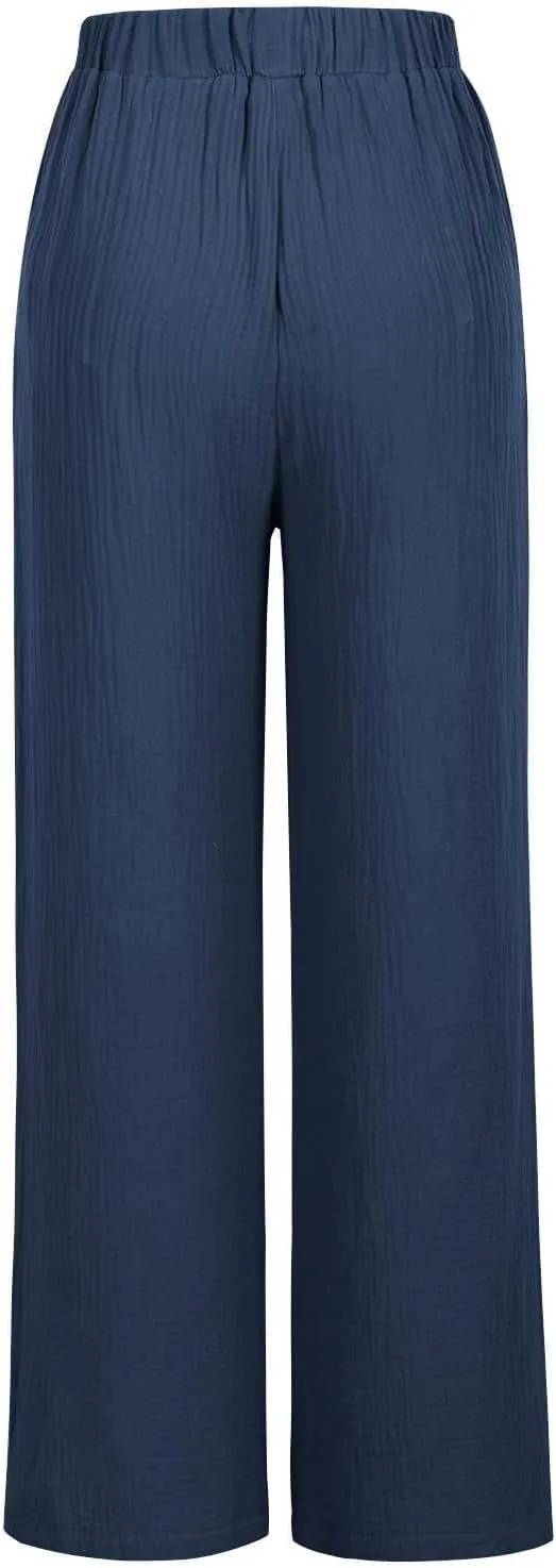 Womens Wide Leg Pants Summer Cotton Linen Beach Pants Breathable Drawstring Waist Pants Solid Color Casual Trousers