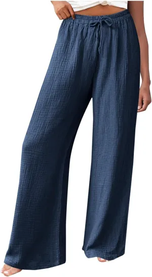 Womens Wide Leg Pants Summer Cotton Linen Beach Pants Breathable Drawstring Waist Pants Solid Color Casual Trousers