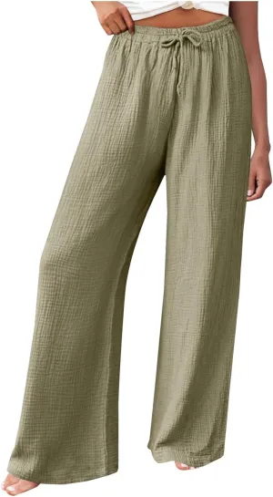 Womens Wide Leg Pants Summer Cotton Linen Beach Pants Breathable Drawstring Waist Pants Solid Color Casual Trousers