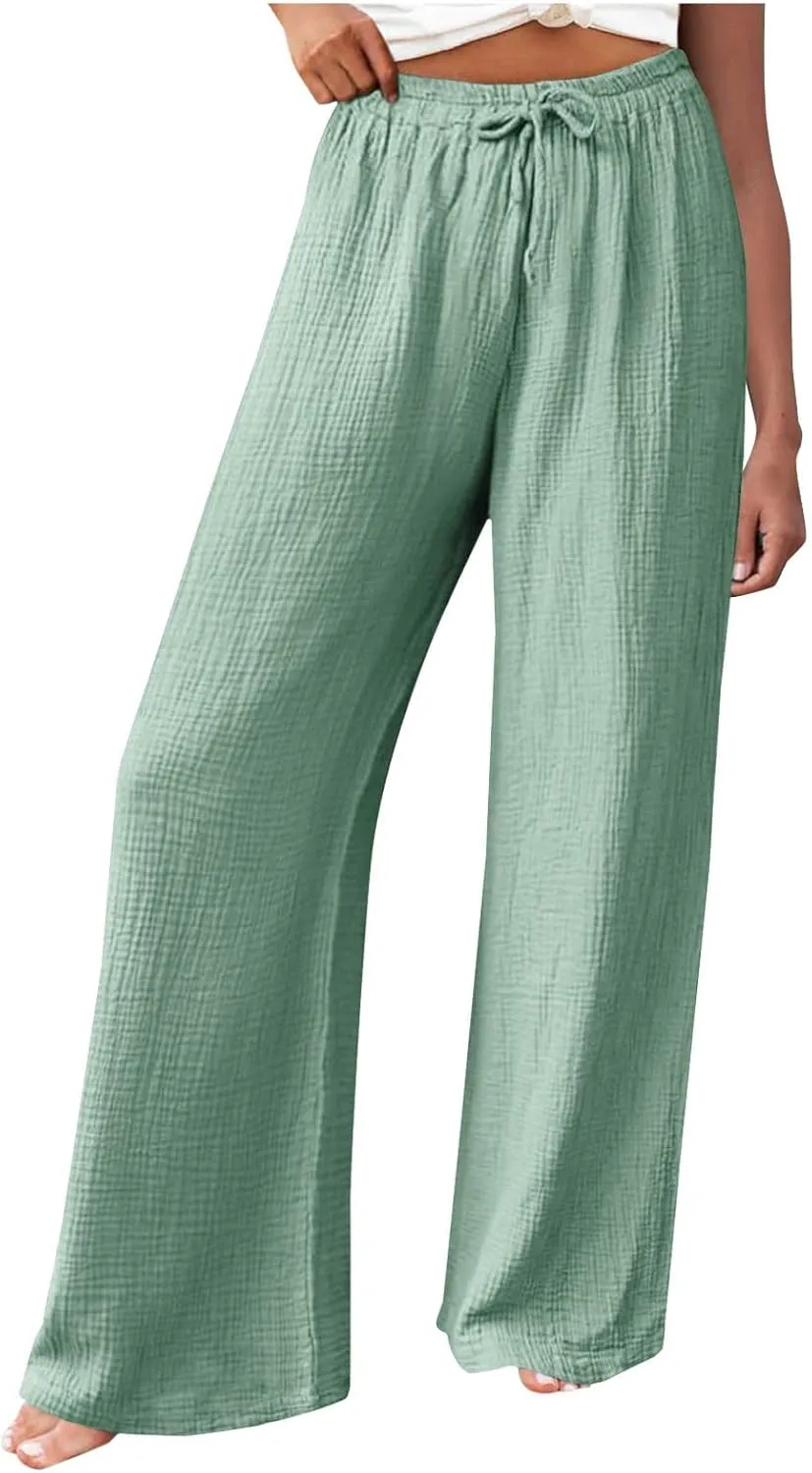 Womens Wide Leg Pants Summer Cotton Linen Beach Pants Breathable Drawstring Waist Pants Solid Color Casual Trousers