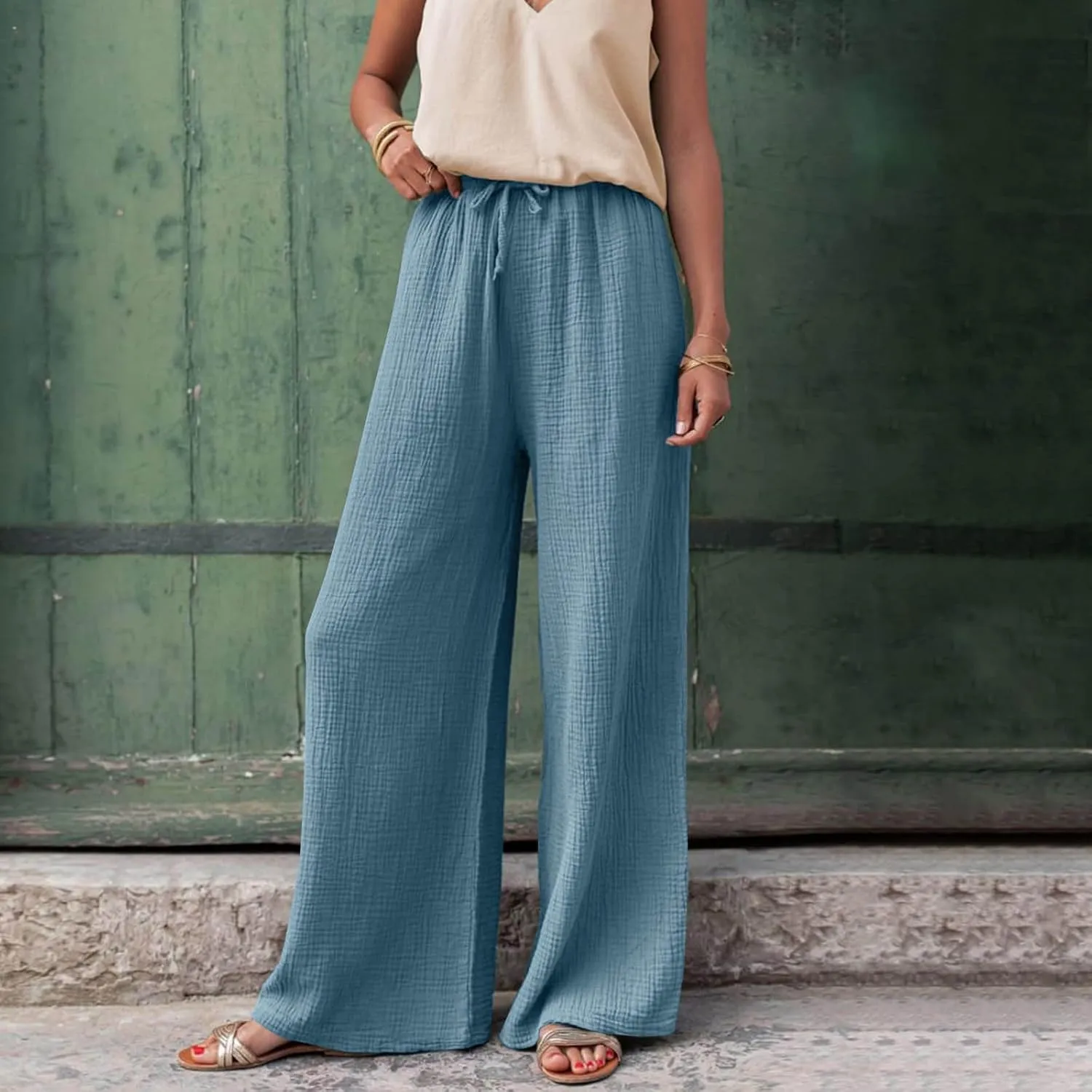 Womens Wide Leg Pants Summer Cotton Linen Beach Pants Breathable Drawstring Waist Pants Solid Color Casual Trousers