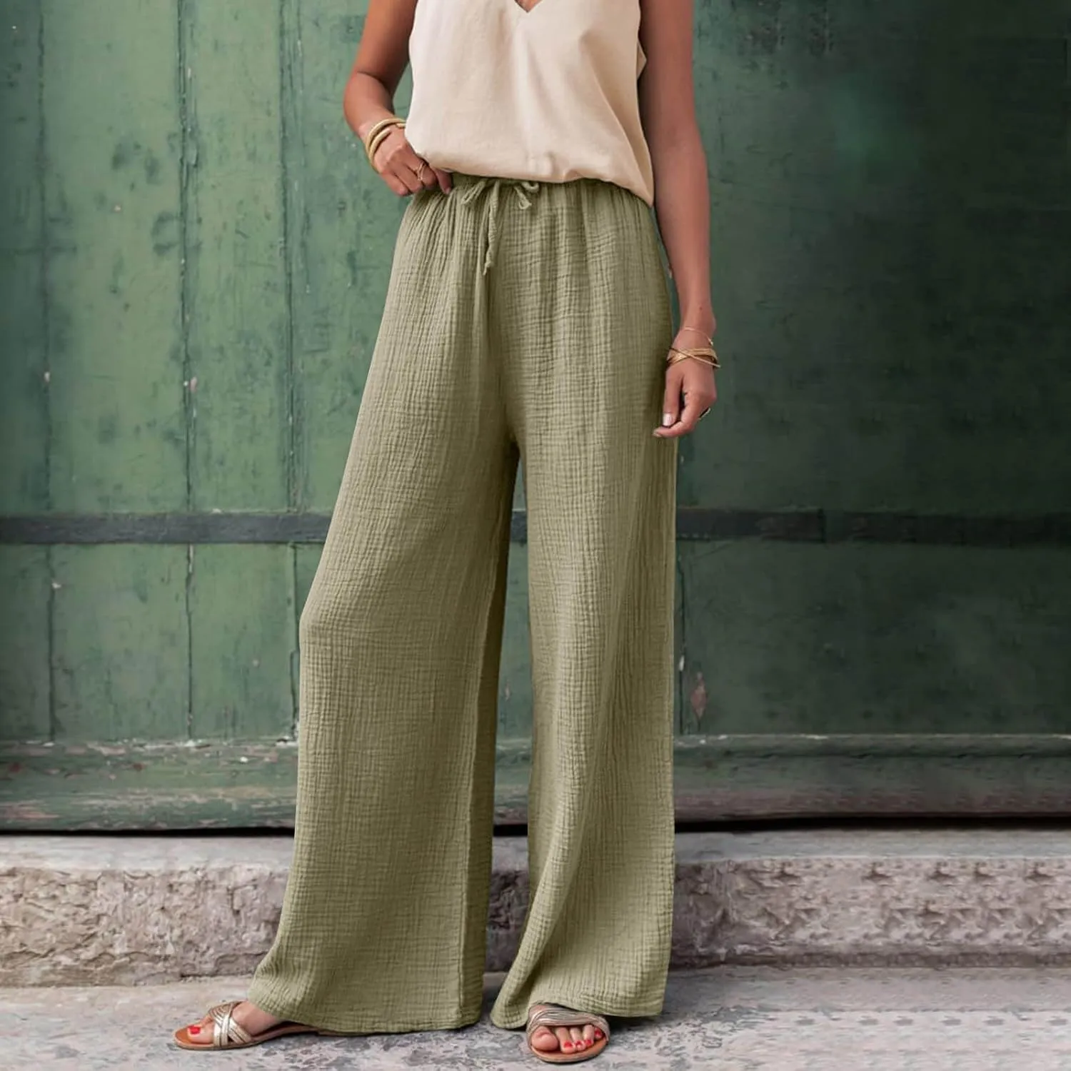 Womens Wide Leg Pants Summer Cotton Linen Beach Pants Breathable Drawstring Waist Pants Solid Color Casual Trousers