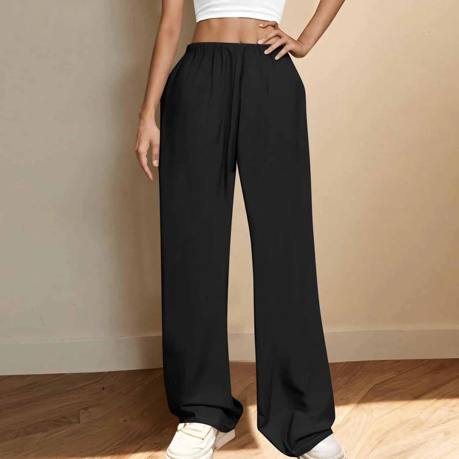 Womens Wide Leg Yoga Pants Linen Elastic High Waist Drawstring Lounge Trousers Summer Boho Flowy Slacks