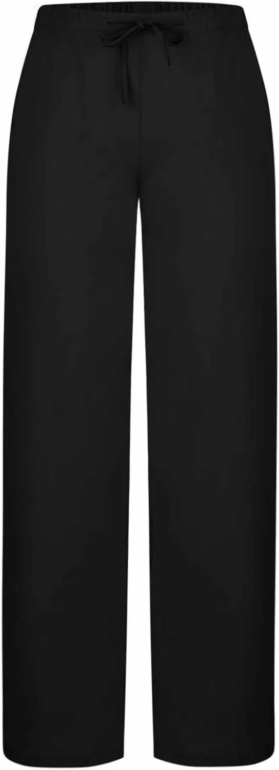 Womens Wide Leg Yoga Pants Linen Elastic High Waist Drawstring Lounge Trousers Summer Boho Flowy Slacks