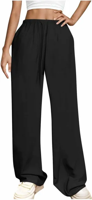 Womens Wide Leg Yoga Pants Linen Elastic High Waist Drawstring Lounge Trousers Summer Boho Flowy Slacks