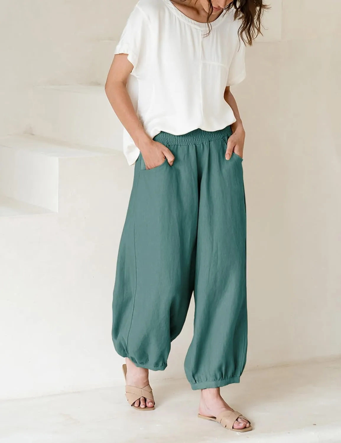 Xiaoxuemeng Womens Wide Leg Pants Cotton Linen Barrel Pants Elastic Waisted Lounge Trousers with Pockets