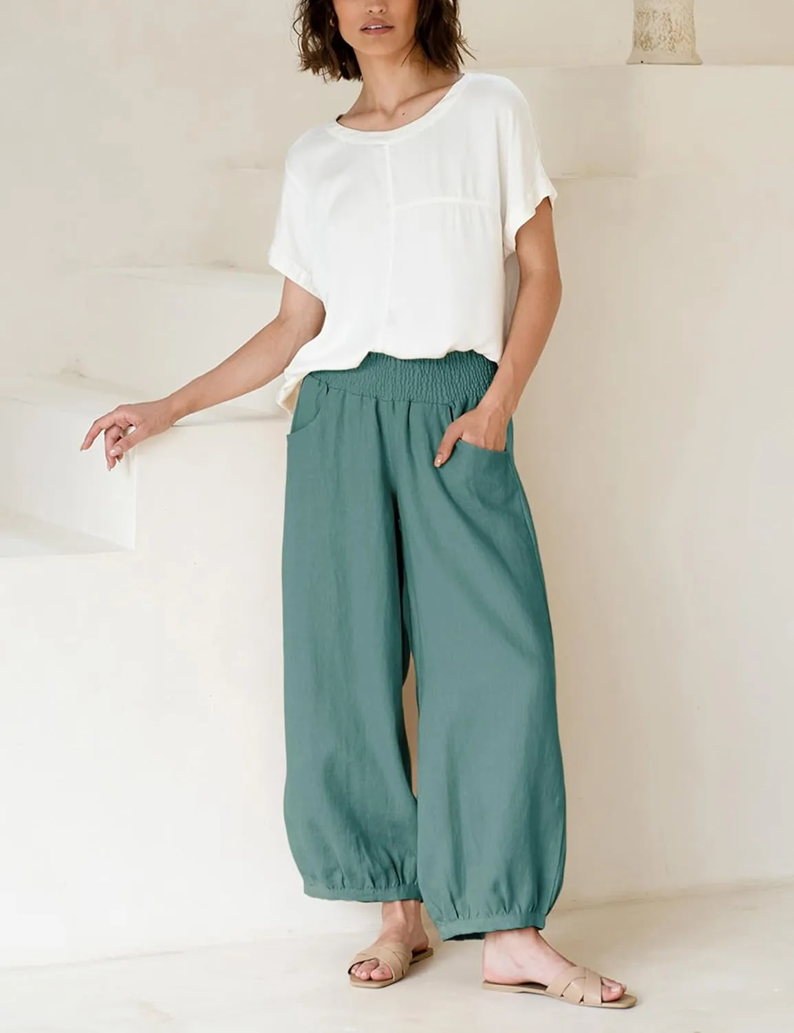 Xiaoxuemeng Womens Wide Leg Pants Cotton Linen Barrel Pants Elastic Waisted Lounge Trousers with Pockets