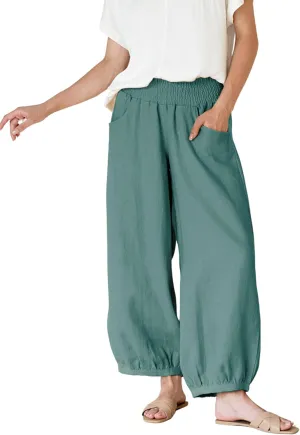 Xiaoxuemeng Womens Wide Leg Pants Cotton Linen Barrel Pants Elastic Waisted Lounge Trousers with Pockets