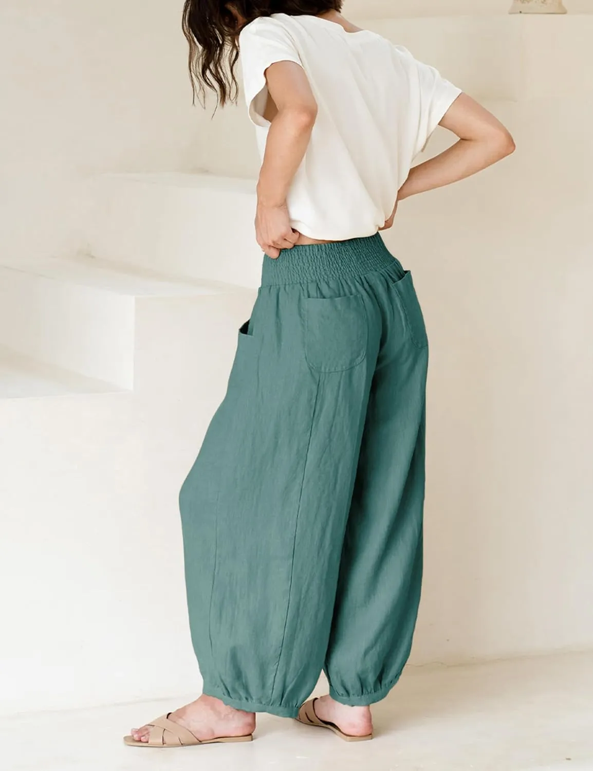 Xiaoxuemeng Womens Wide Leg Pants Cotton Linen Barrel Pants Elastic Waisted Lounge Trousers with Pockets