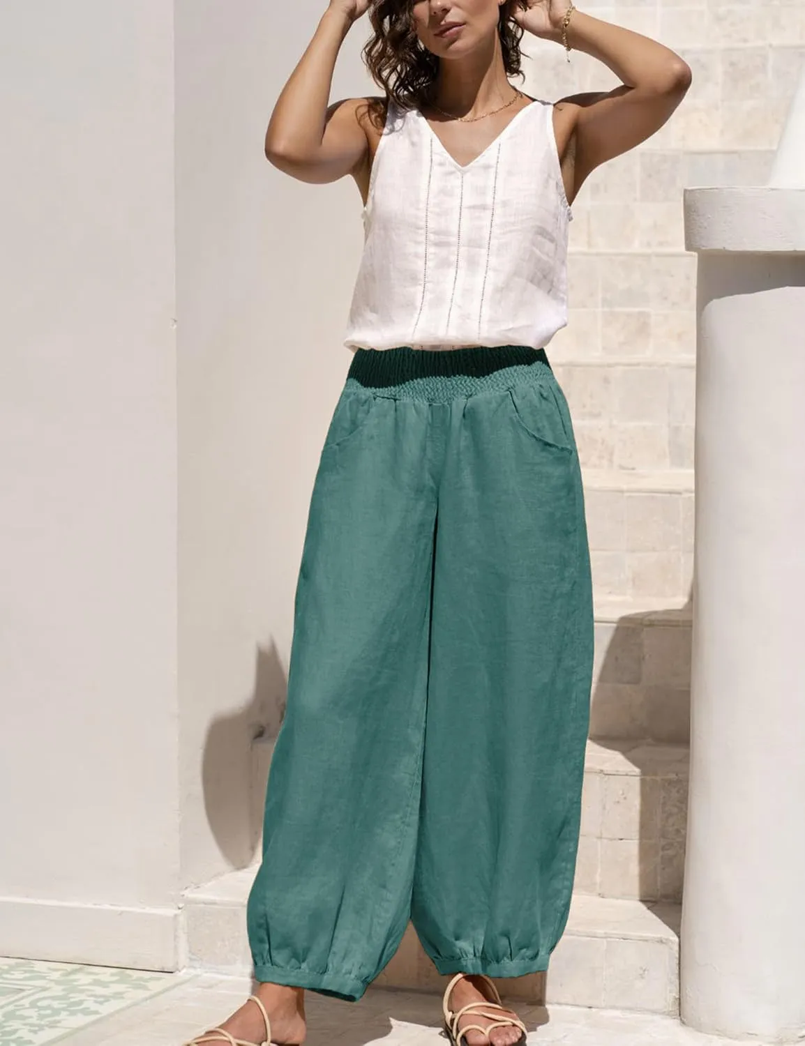 Xiaoxuemeng Womens Wide Leg Pants Cotton Linen Barrel Pants Elastic Waisted Lounge Trousers with Pockets