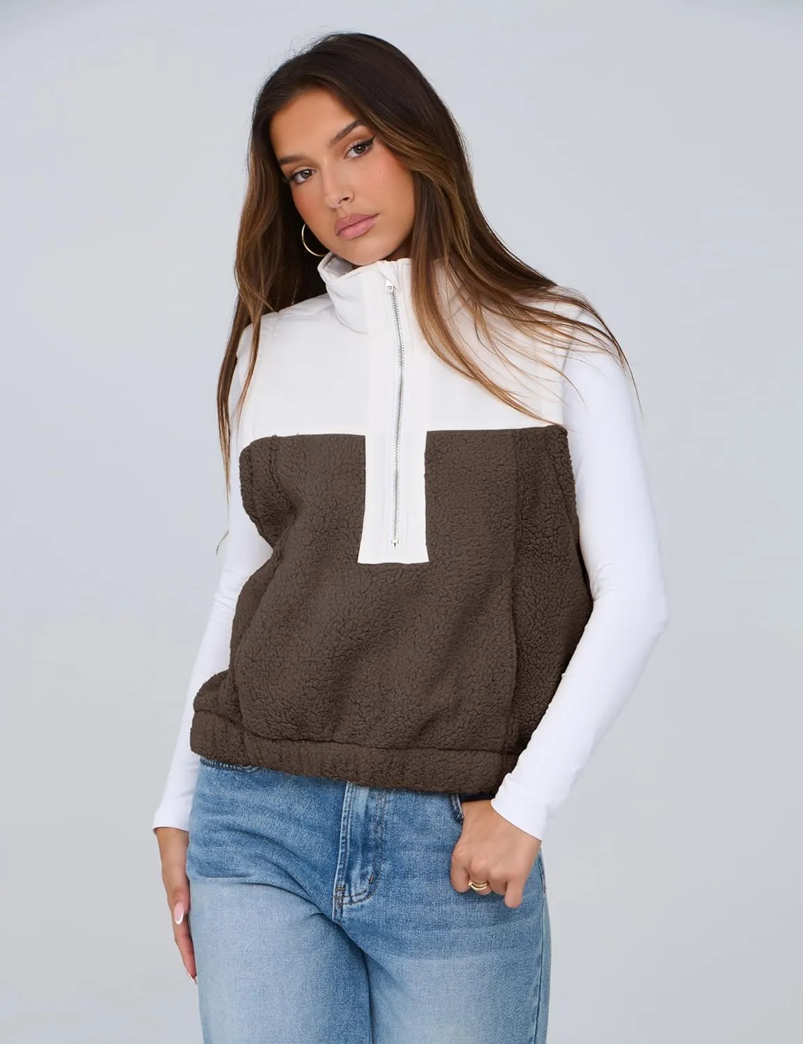 Yeokou Women Fleece Sherpa Vest Cropped Half Zip Sleeveless Warm Fuzzy Contrast Color Outwear Vest Kangaroo Pocket
