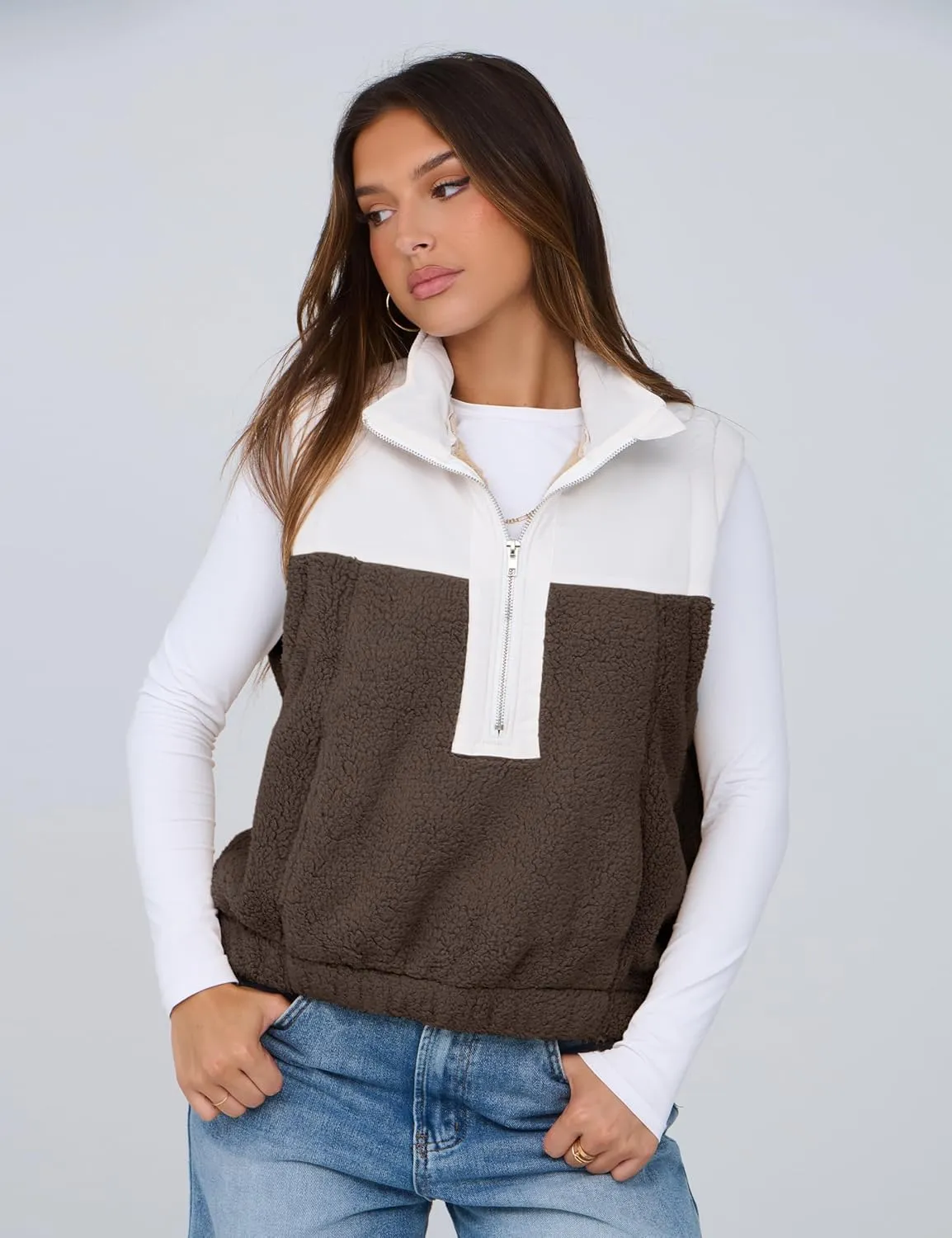 Yeokou Women Fleece Sherpa Vest Cropped Half Zip Sleeveless Warm Fuzzy Contrast Color Outwear Vest Kangaroo Pocket
