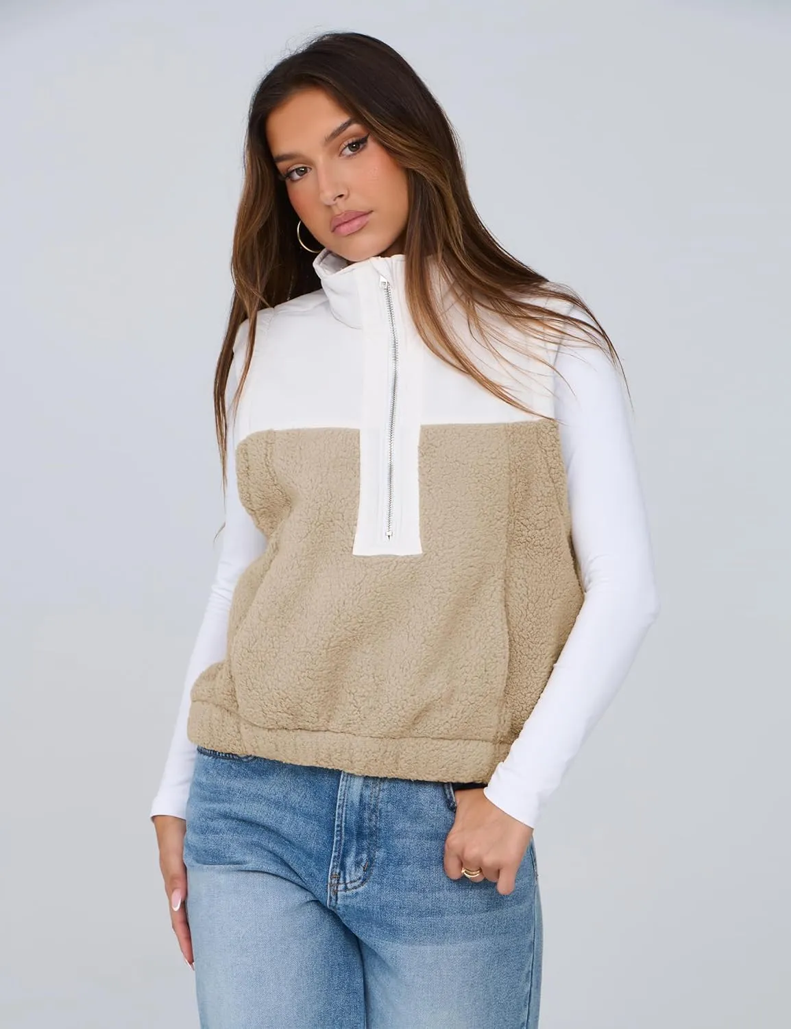 Yeokou Women Fleece Sherpa Vest Cropped Half Zip Sleeveless Warm Fuzzy Contrast Color Outwear Vest Kangaroo Pocket
