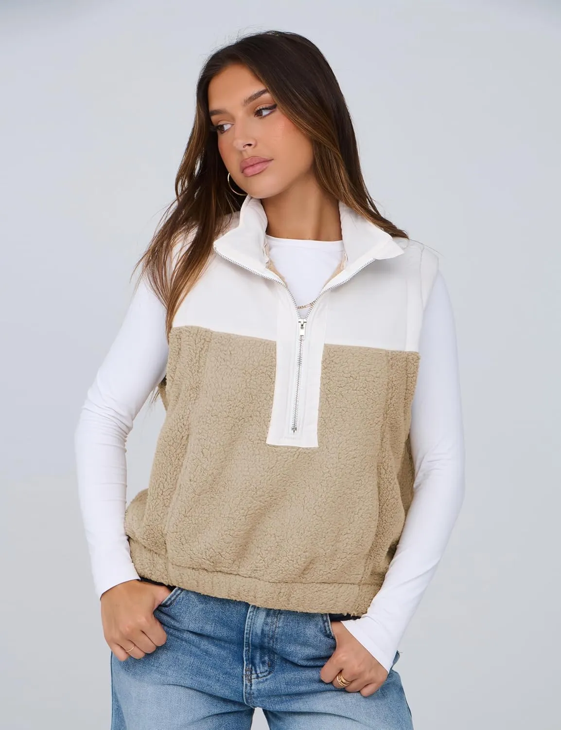 Yeokou Women Fleece Sherpa Vest Cropped Half Zip Sleeveless Warm Fuzzy Contrast Color Outwear Vest Kangaroo Pocket
