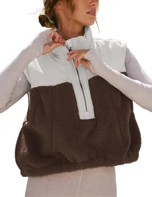 Yeokou Women Fleece Sherpa Vest Cropped Half Zip Sleeveless Warm Fuzzy Contrast Color Outwear Vest Kangaroo Pocket