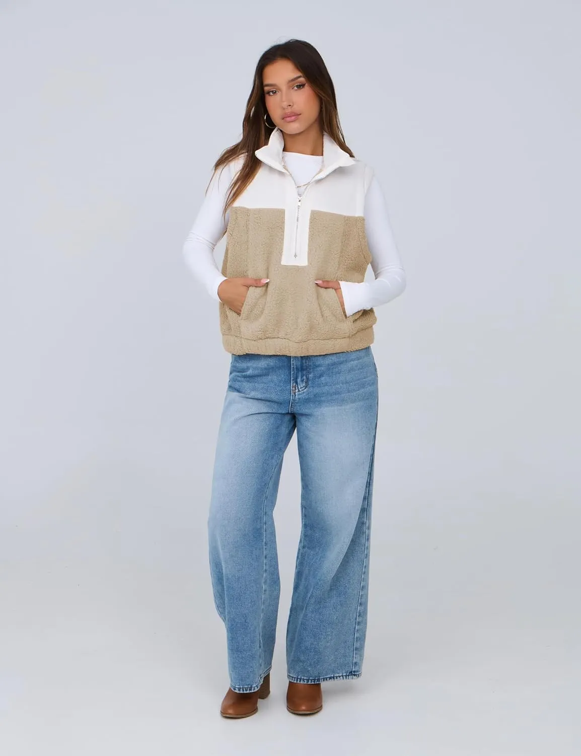 Yeokou Women Fleece Sherpa Vest Cropped Half Zip Sleeveless Warm Fuzzy Contrast Color Outwear Vest Kangaroo Pocket