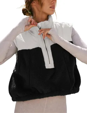 Yeokou Women Fleece Sherpa Vest Cropped Half Zip Sleeveless Warm Fuzzy Contrast Color Outwear Vest Kangaroo Pocket
