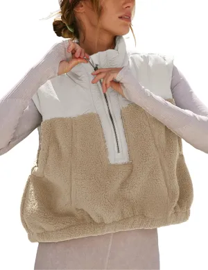 Yeokou Women Fleece Sherpa Vest Cropped Half Zip Sleeveless Warm Fuzzy Contrast Color Outwear Vest Kangaroo Pocket