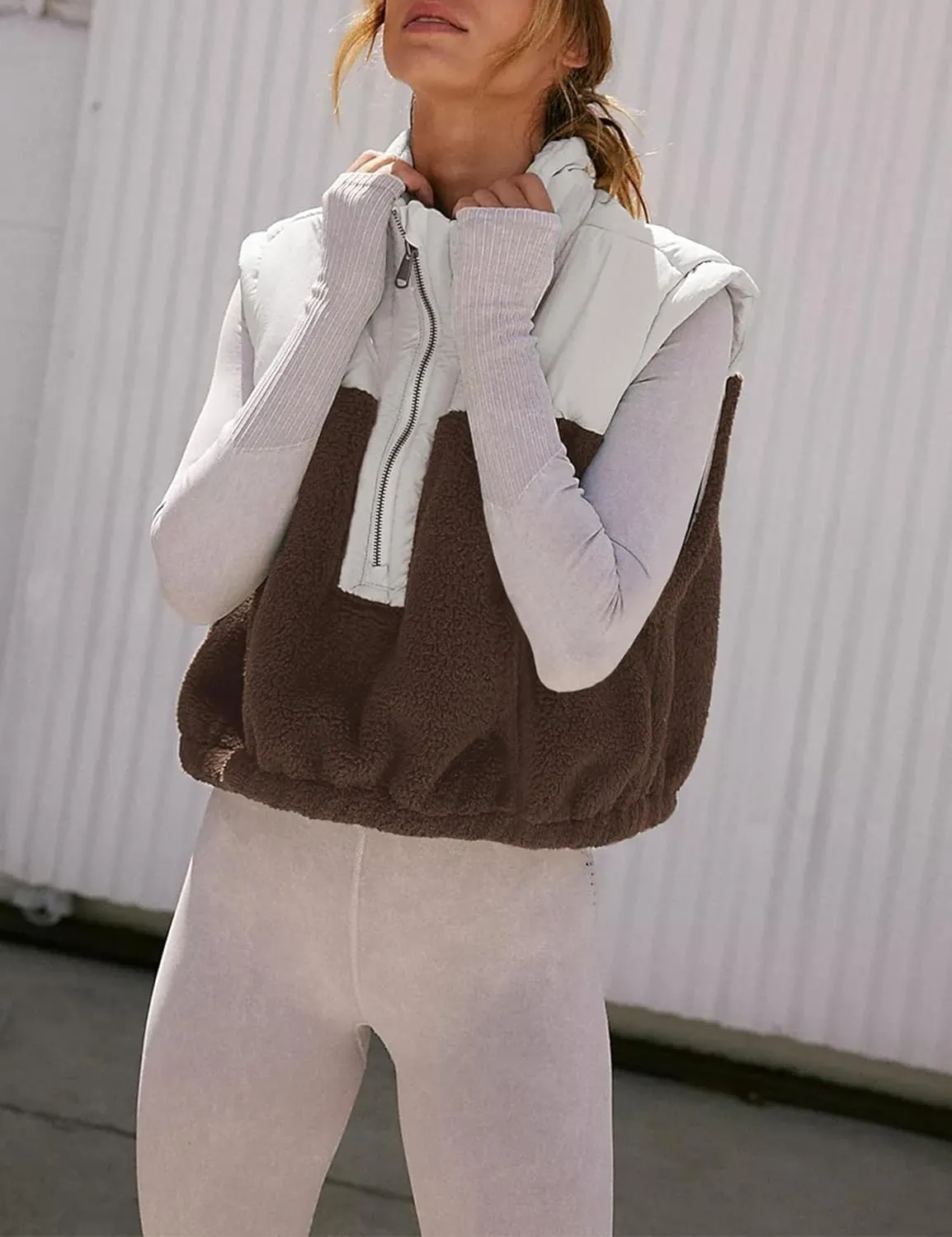 Yeokou Women Fleece Sherpa Vest Cropped Half Zip Sleeveless Warm Fuzzy Contrast Color Outwear Vest Kangaroo Pocket