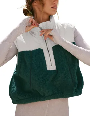 Yeokou Women Fleece Sherpa Vest Cropped Half Zip Sleeveless Warm Fuzzy Contrast Color Outwear Vest Kangaroo Pocket
