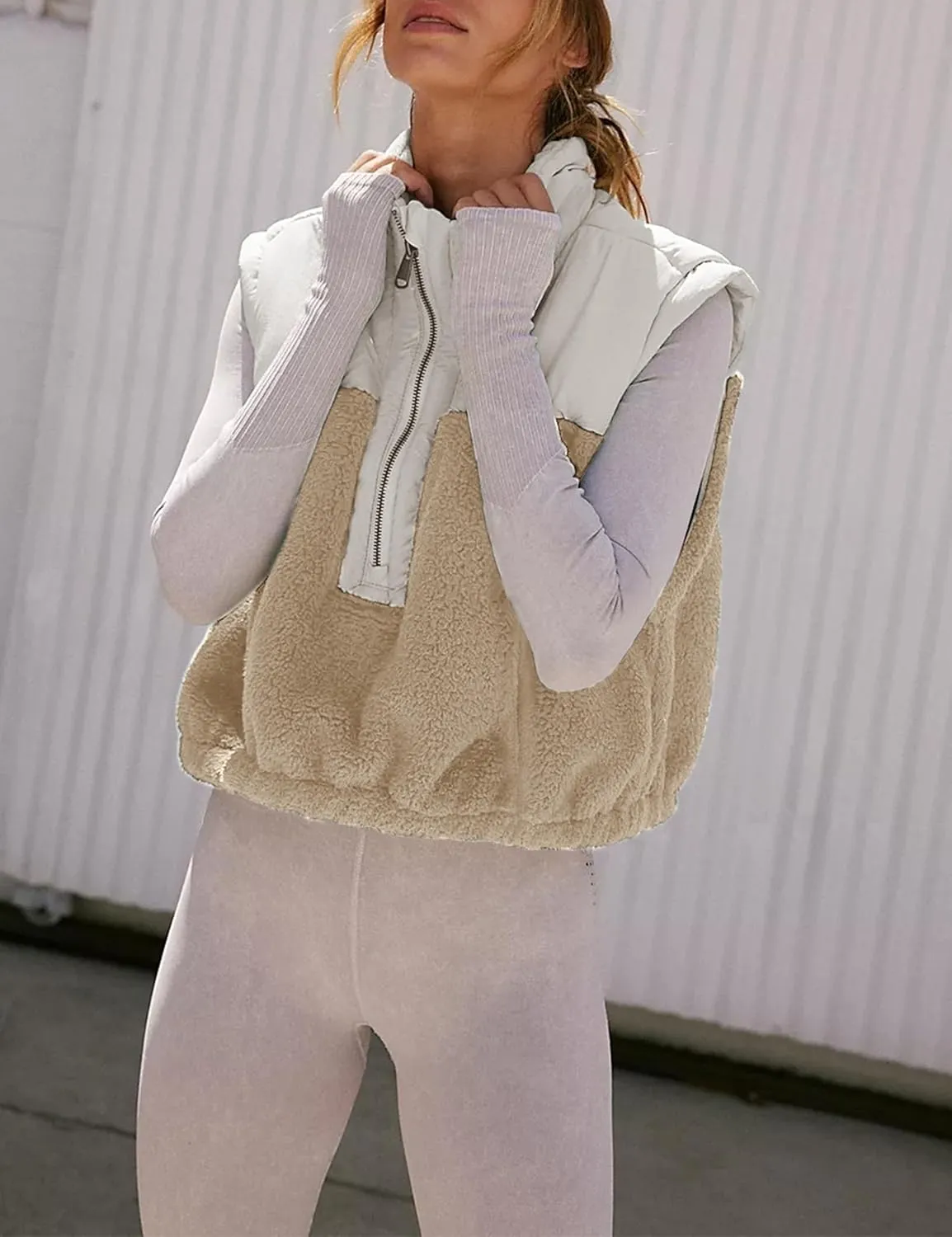 Yeokou Women Fleece Sherpa Vest Cropped Half Zip Sleeveless Warm Fuzzy Contrast Color Outwear Vest Kangaroo Pocket