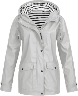 YRAETENM Rain Jacket Women Active Outdoor Waterproof Hooded Trench Coats Striped Lined Lightweight Raincoat Windbreaker