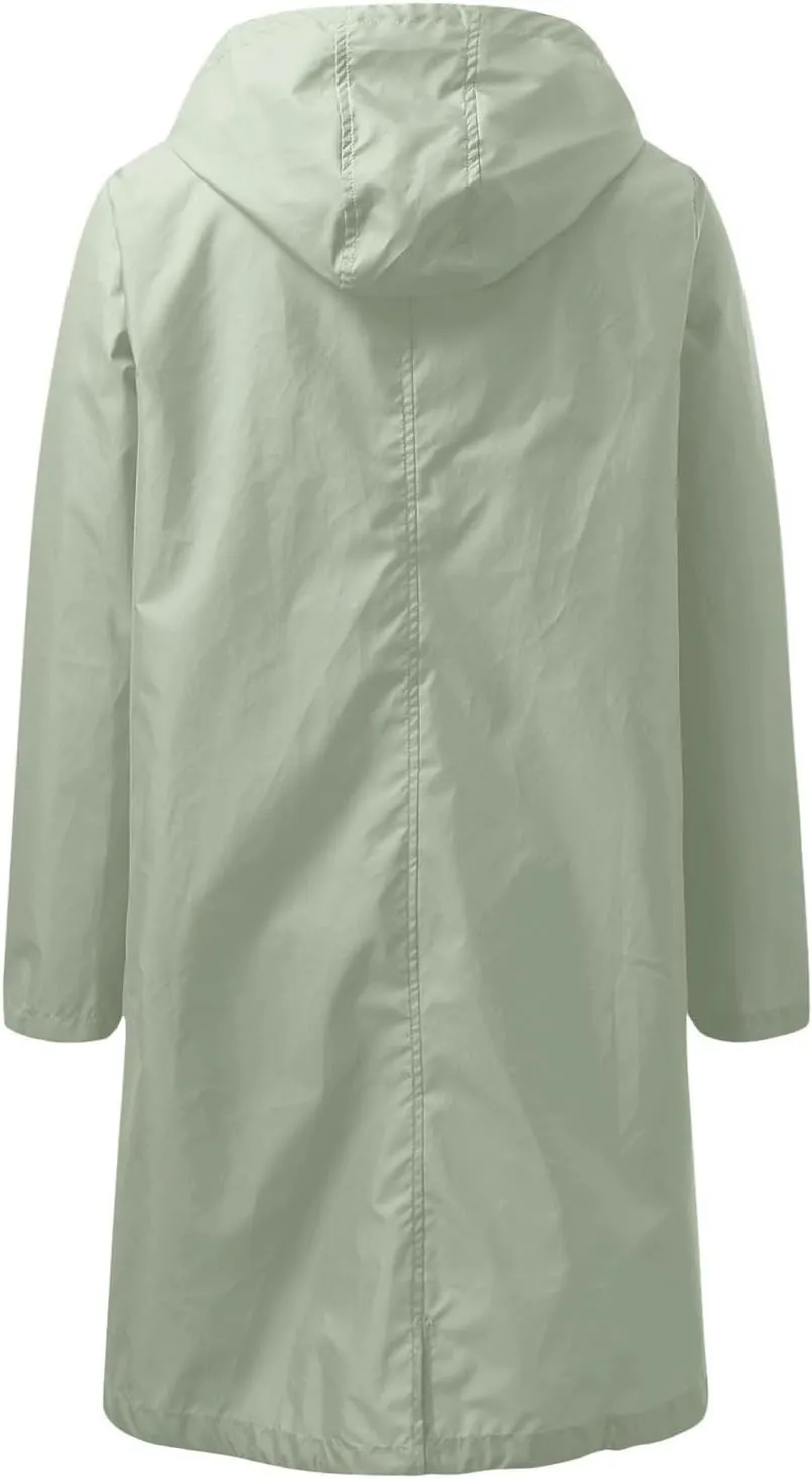 YRAETENM Womens Rain Coat Lightweight Waterproof Long Hooded Trench Coats Plus Size Travel Packable Drawstring Windbreaker
