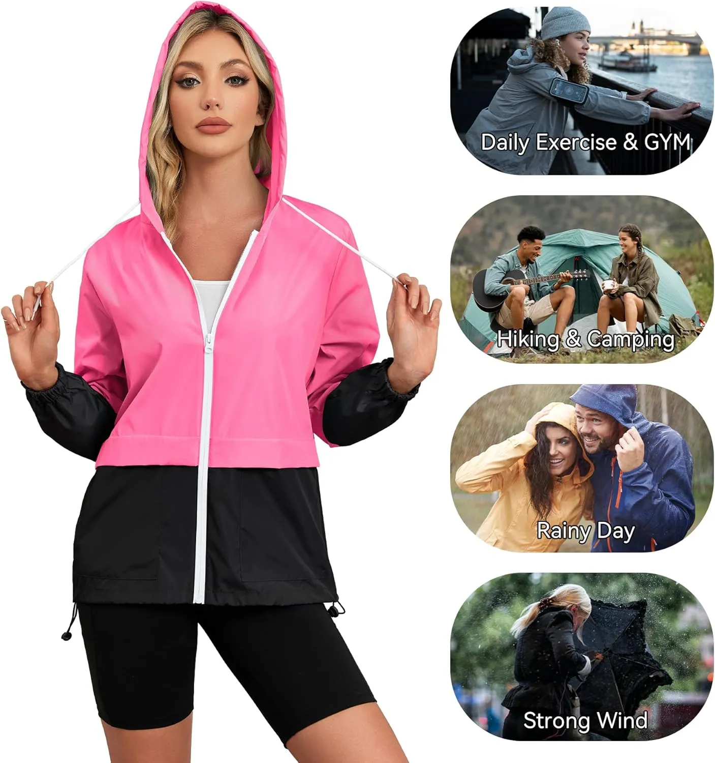 Zando Packable Rain Jacket Women Lightweight Raincoat Hood Women's Raincoats with Pocket Out Windbreaker Jacket Waterproof