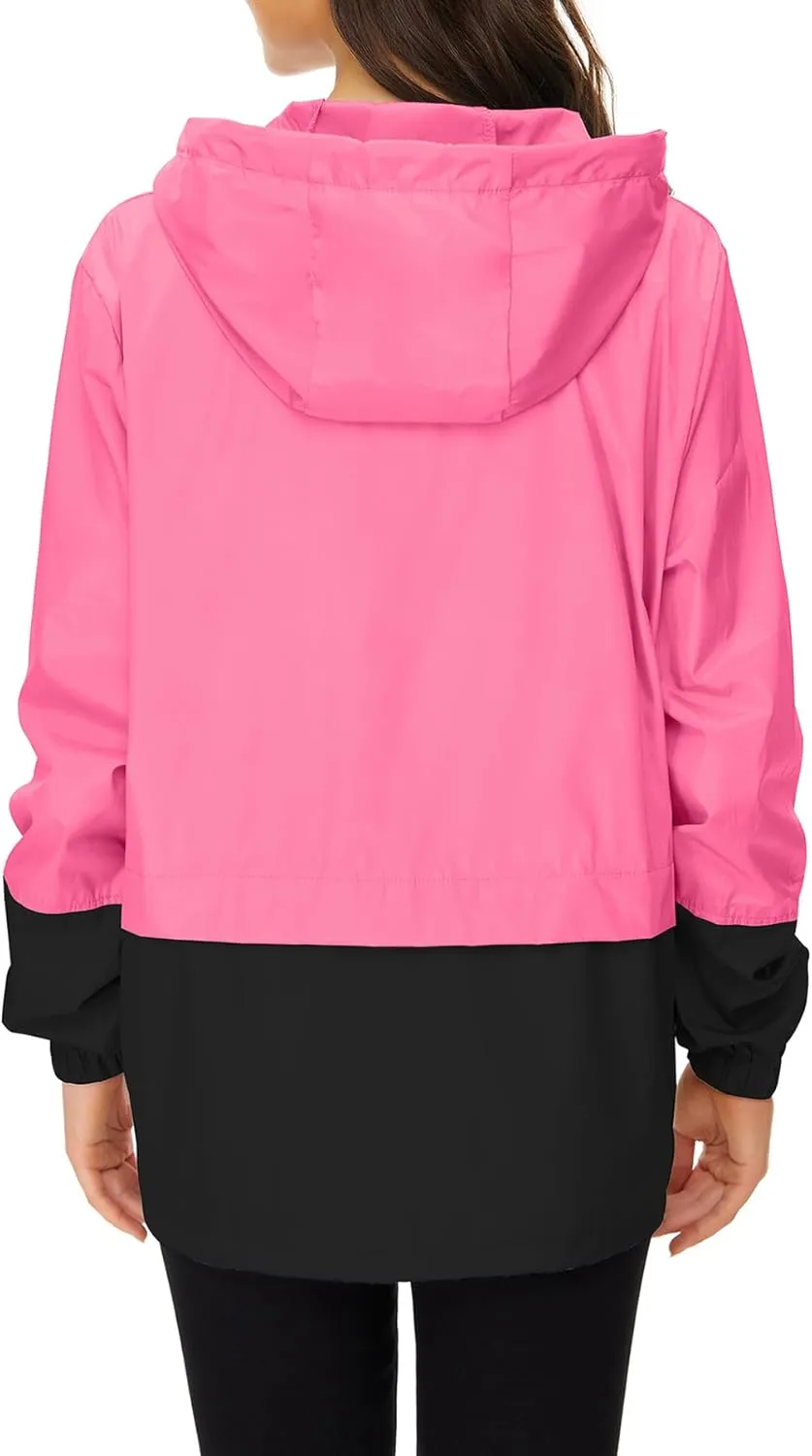 Zando Packable Rain Jacket Women Lightweight Raincoat Hood Women's Raincoats with Pocket Out Windbreaker Jacket Waterproof