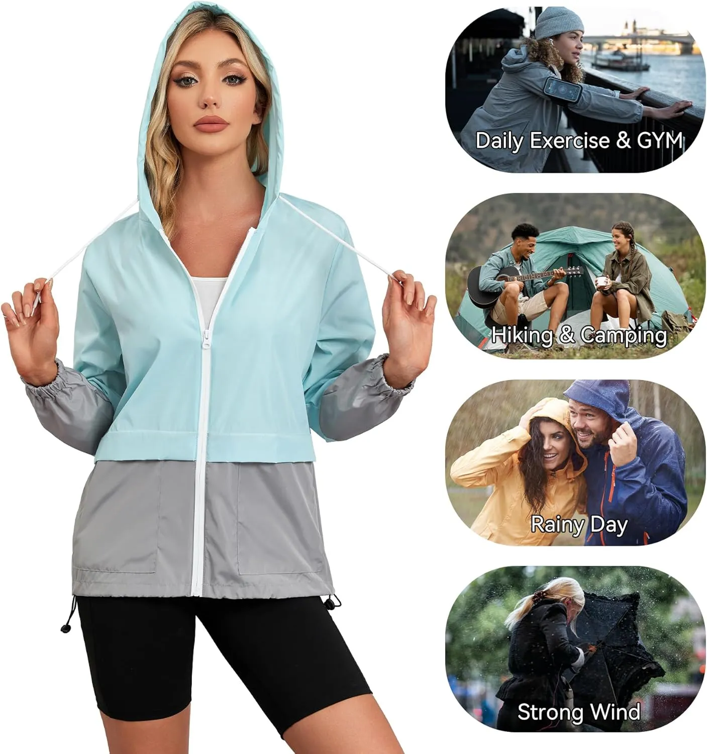 Zando Packable Rain Jacket Women Lightweight Raincoat Hood Women's Raincoats with Pocket Out Windbreaker Jacket Waterproof