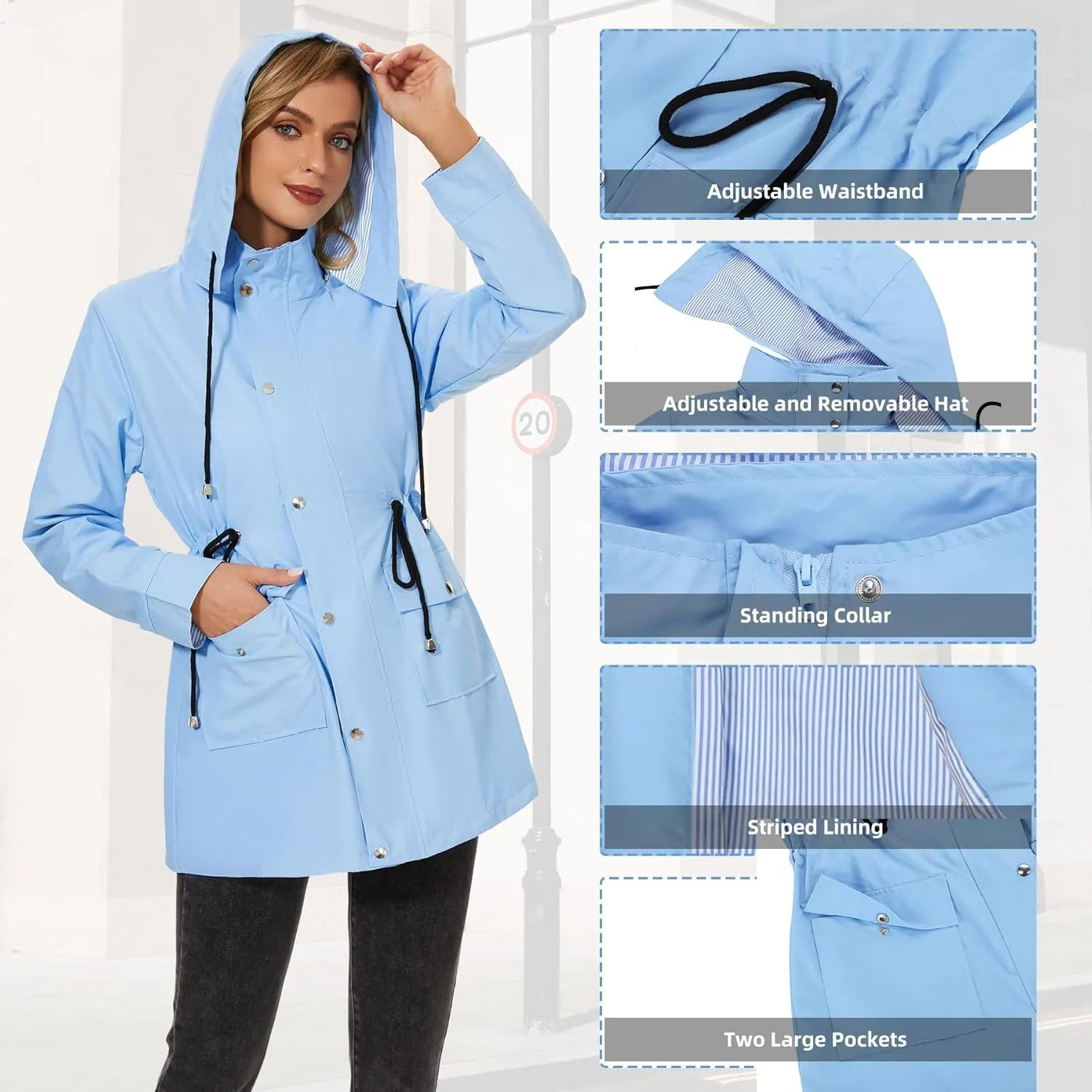 Zando Raincoat for Women Rain Jackets for Women Waterproof Lightweight Windbreaker Outdoor Hooded Trench Coat Long Rain Coats