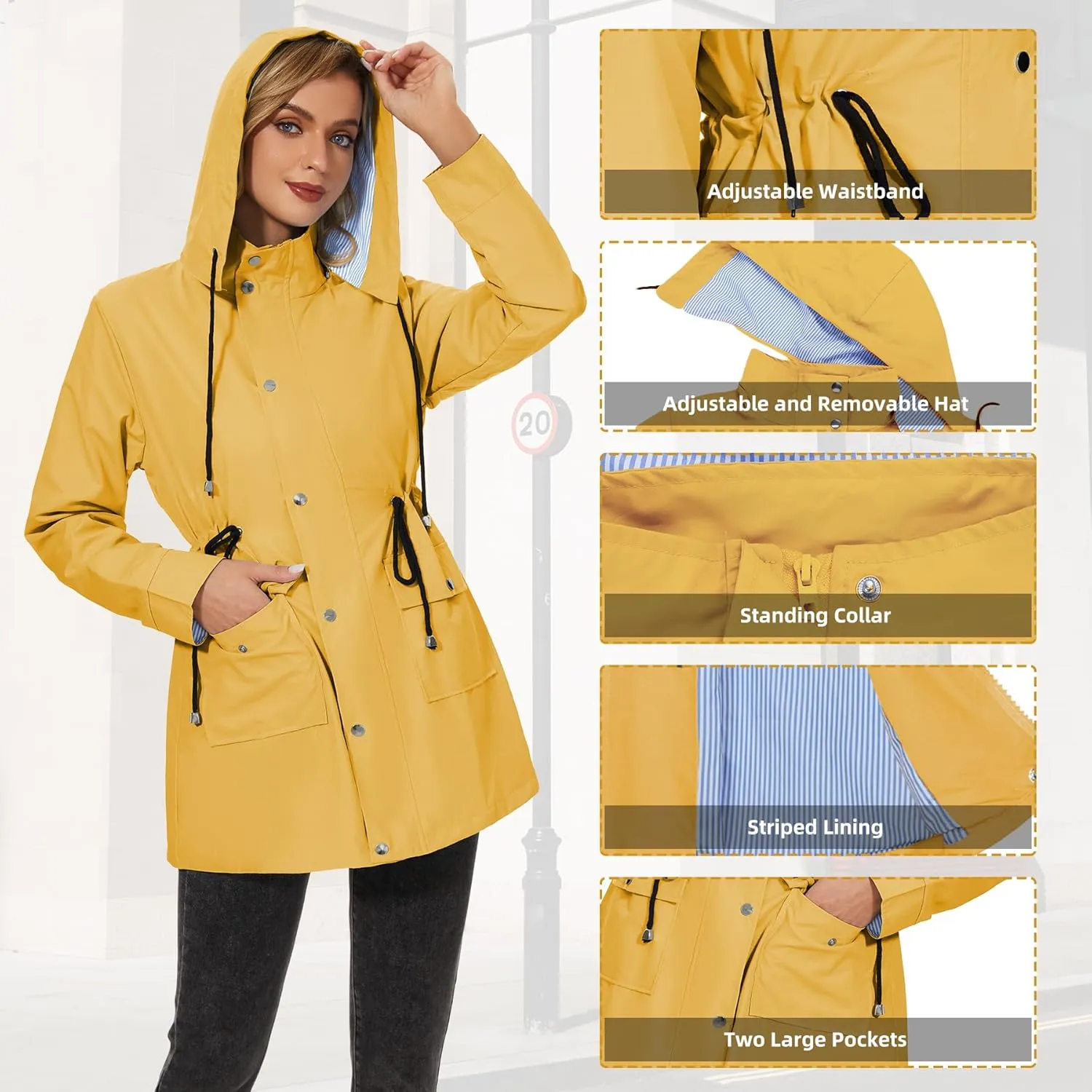 Zando Raincoat for Women Rain Jackets for Women Waterproof Lightweight Windbreaker Outdoor Hooded Trench Coat Long Rain Coats